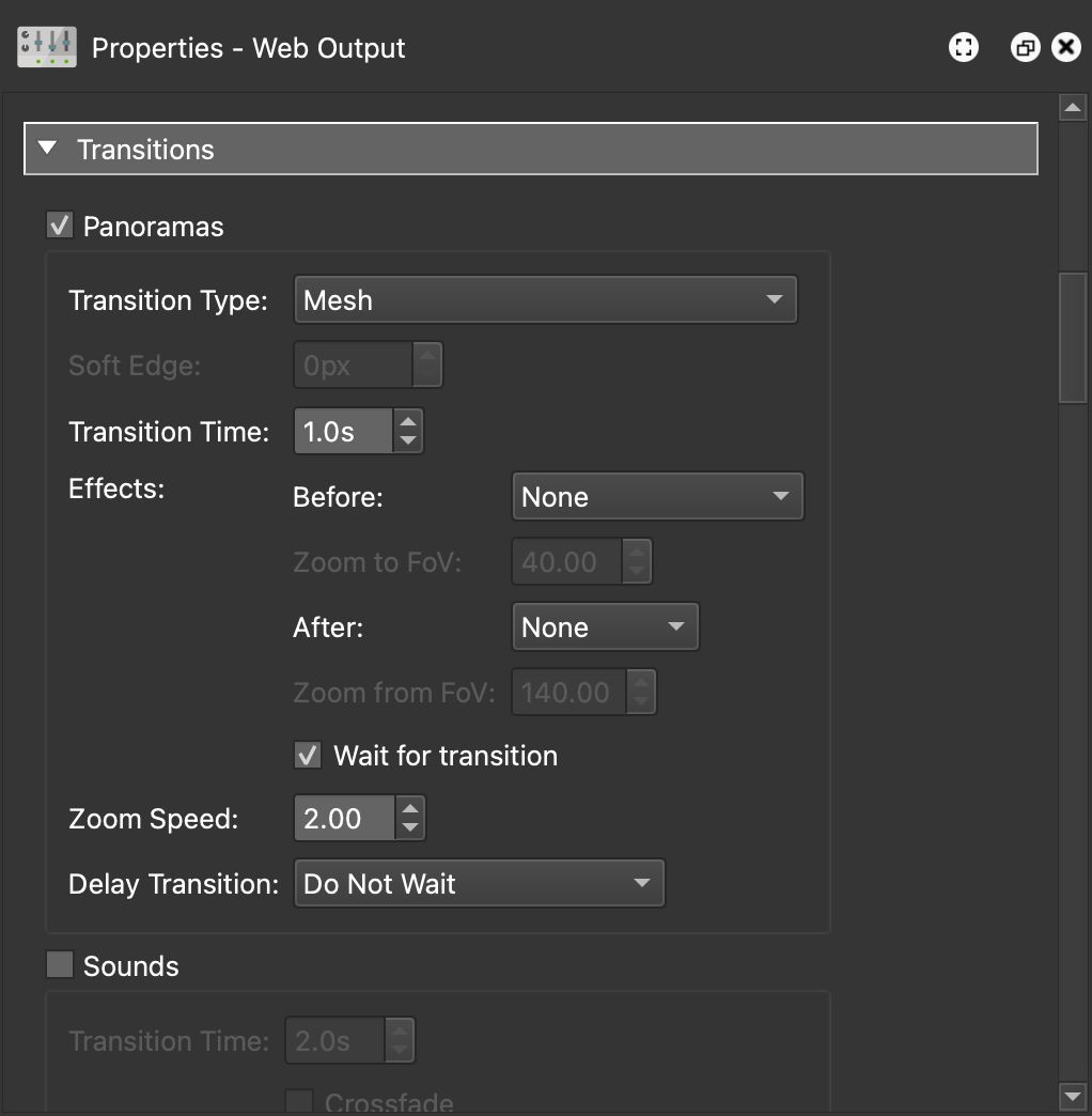 Add a Mesh transition for a walk-through effect between tour nodes.